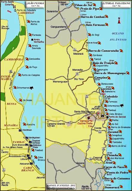 Mapa das praias da Paraíba, litoral norte